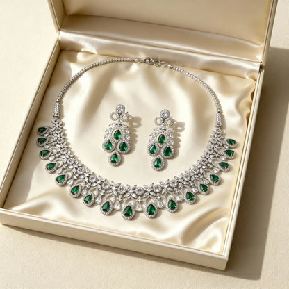 Shyneva Green Graceful Diva AD Necklace Set | Rhodium Plated Silver Jewellery