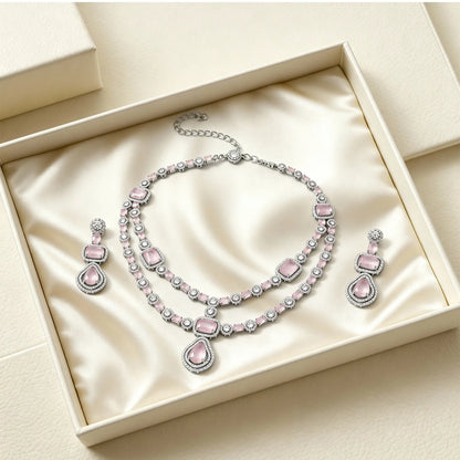 Shyneva Shimmering Beauty AD Necklace Set | Rhodium Plated Silver Jewellery