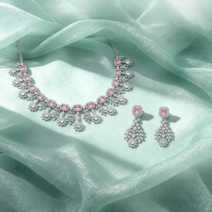 Shyneva Green Ethereal Glow AD Necklace Set | Rhodium Plated Silver Jewellery