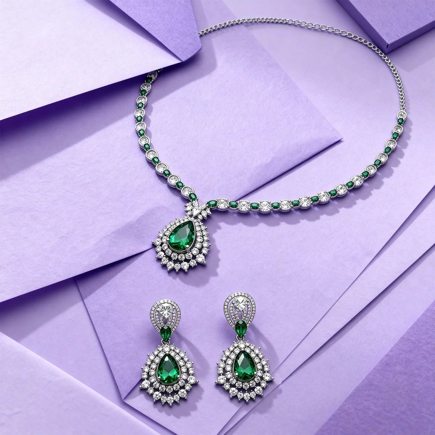 Shyneva Luxury Sparkle AD Necklace Set | Rhodium Plated Silver Jewellery