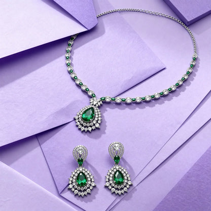 Shyneva Luxury Sparkle AD Necklace Set | Rhodium Plated Silver Jewellery