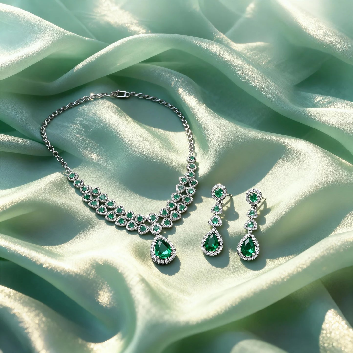 Shyneva Crystal Silver Dream AD Necklace Set | Rhodium Plated Silver Jewellery