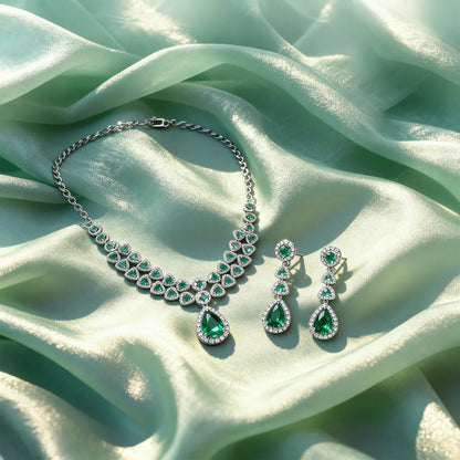 Shyneva Crystal Silver Dream AD Necklace Set | Rhodium Plated Silver Jewellery