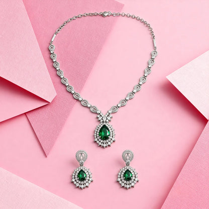 Shyneva Pink Charming Aura AD Necklace Set | Rhodium Plated Silver Jewellery