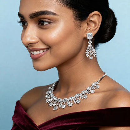 Shyneva Regal Charm AD Necklace Set | Rhodium Plated Silver Jewellery