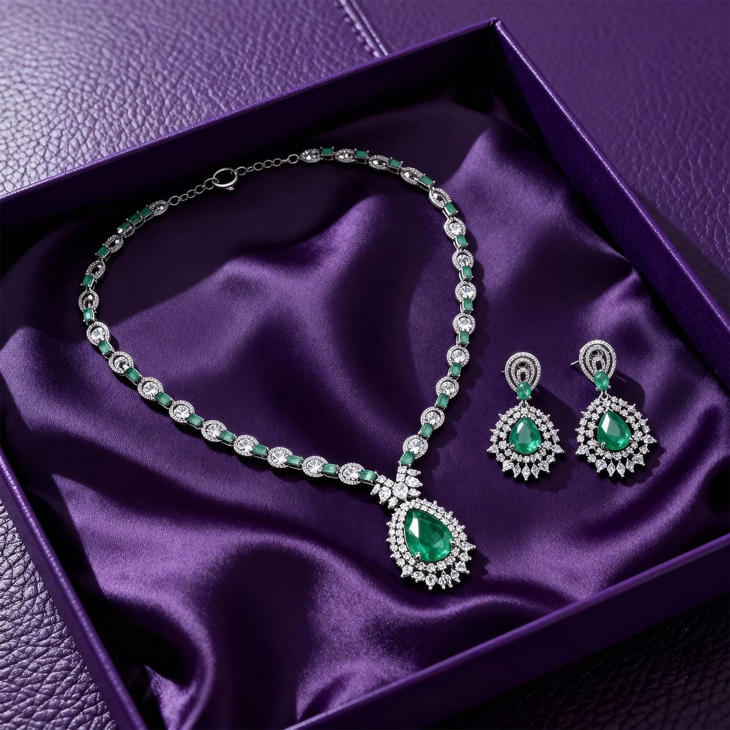 Shyneva Green Spark AD Necklace Set | Rhodium Plated Silver Jewellery