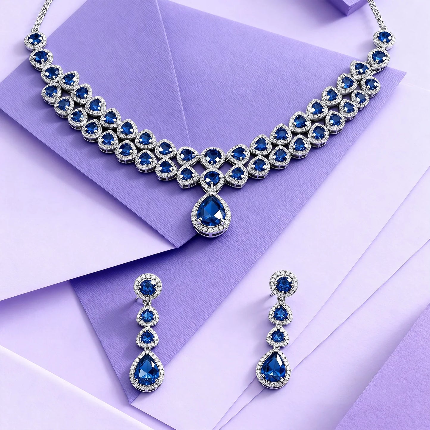 Shyneva Green Eternal Shine AD Necklace Set | Rhodium Plated Silver Jewellery