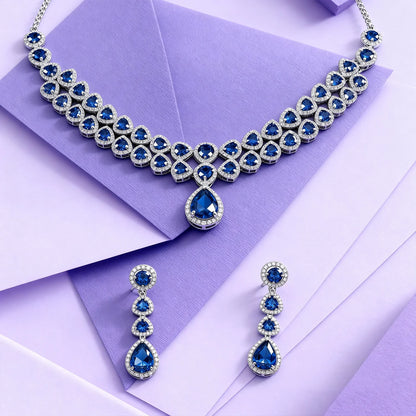 Shyneva Green Eternal Shine AD Necklace Set | Rhodium Plated Silver Jewellery