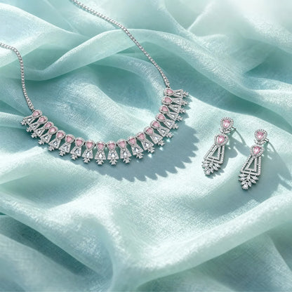 Shyneva Pink Opulent Shine AD Necklace Set | Rhodium Plated Silver Jewellery