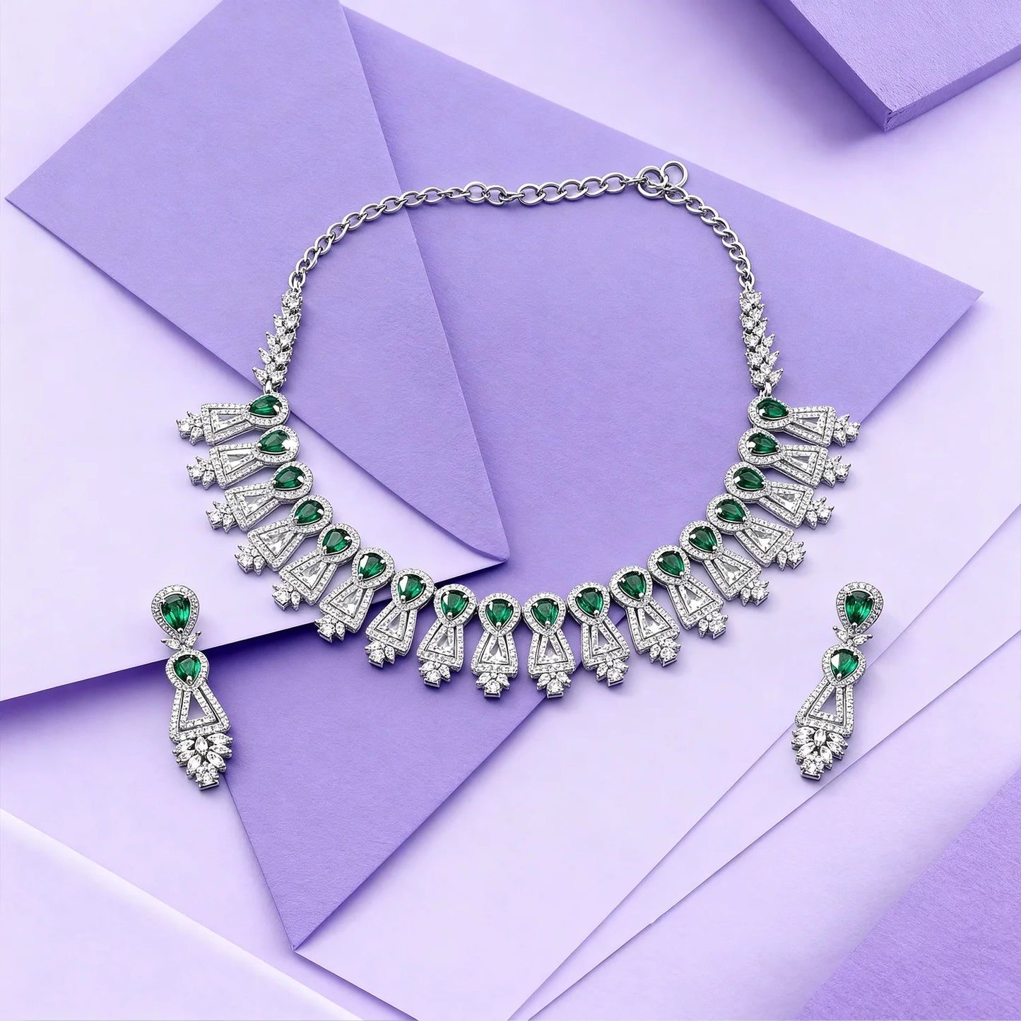 Shyneva Royal Green Bride AD Necklace Set | Rhodium Plated Silver Jewellery
