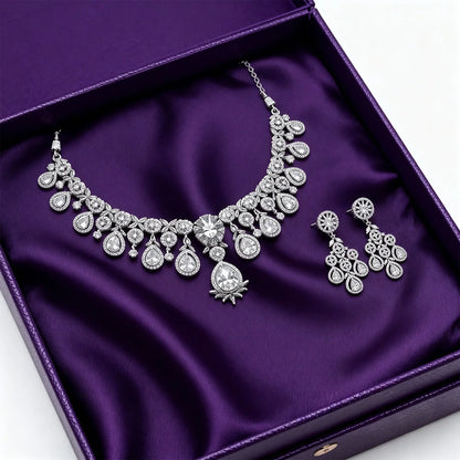 Shyneva Luxe Shine AD Necklace Set | Rhodium Plated Silver Jewellery
