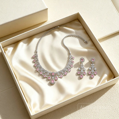 Shyneva Green Radiant Blossom AD Necklace Set | Rhodium Plated Silver Jewellery