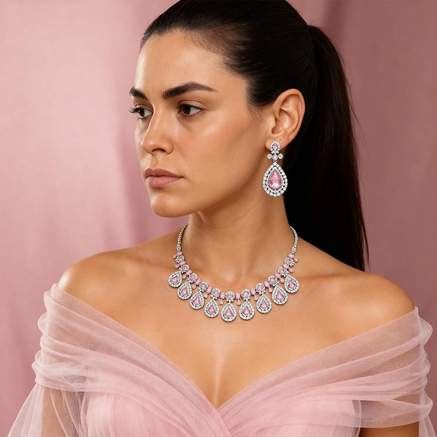 Shyneva Sparkle Queen AD Necklace Set | Rhodium Plated Silver Jewellery