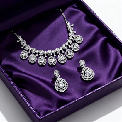 Shyneva Chic Glam AD Necklace Set | Rhodium Plated Silver Jewellery