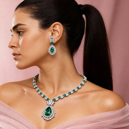 Shyneva Luxury Sparkle AD Necklace Set | Rhodium Plated Silver Jewellery