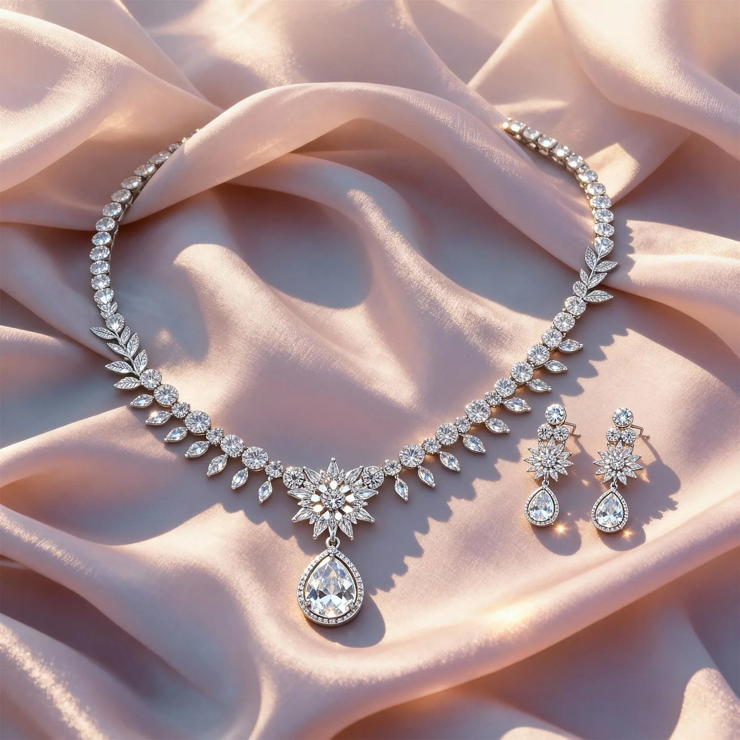 Shyneva Pure Elegance AD Necklace Set | Rhodium Plated Silver Jewellery