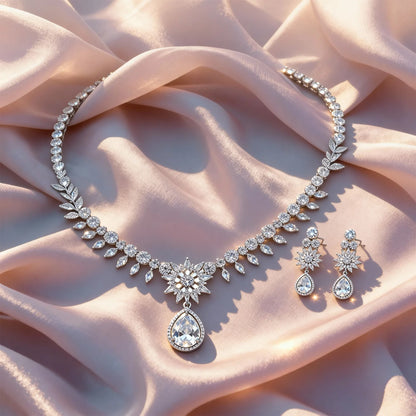 Shyneva Pure Elegance AD Necklace Set | Rhodium Plated Silver Jewellery