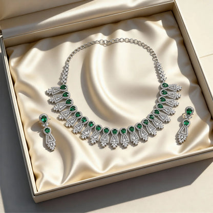 Shyneva Royal Green Bride AD Necklace Set | Rhodium Plated Silver Jewellery