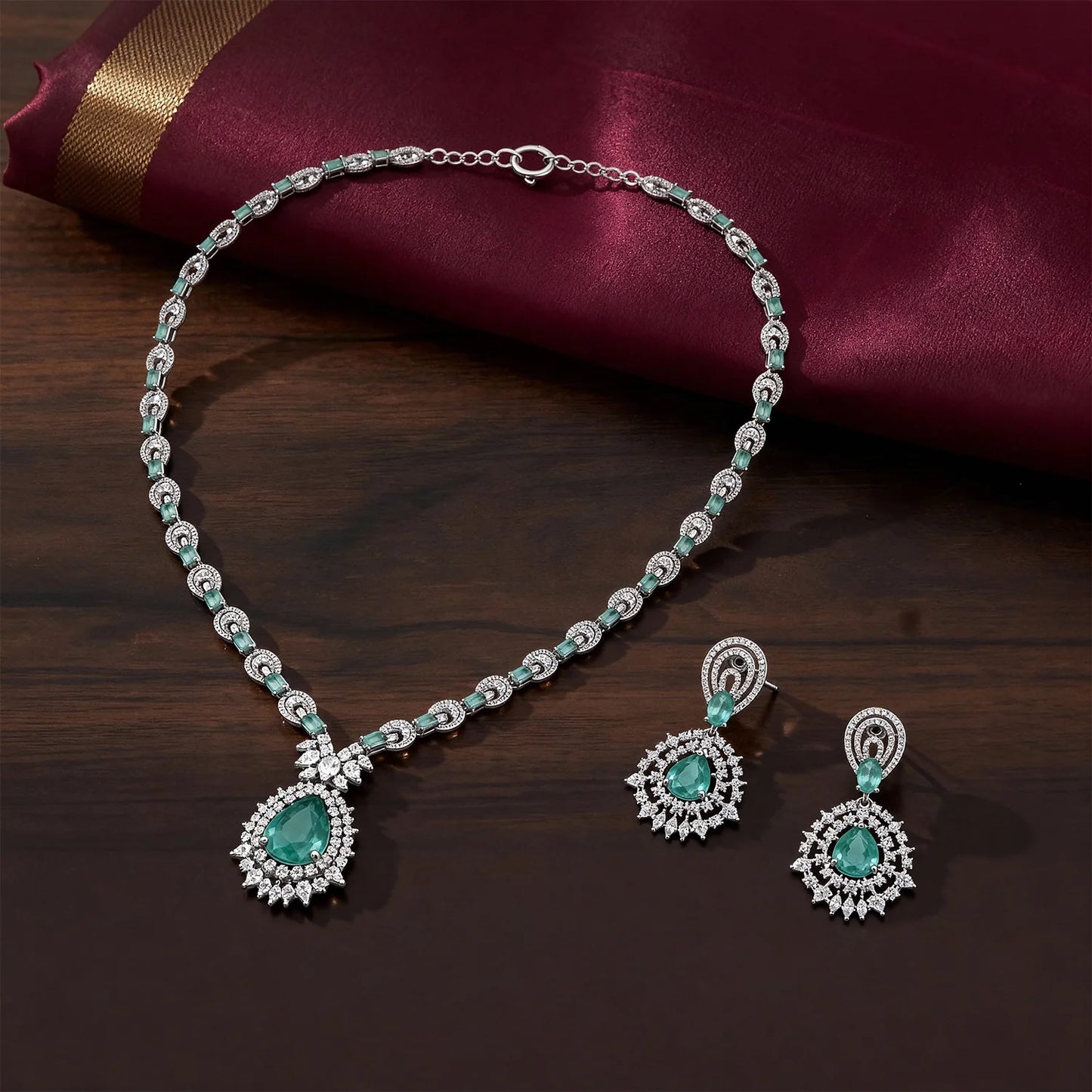 Shyneva Green Spark AD Necklace Set | Rhodium Plated Silver Jewellery