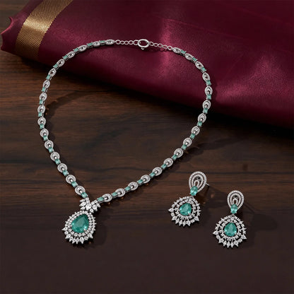 Shyneva Green Spark AD Necklace Set | Rhodium Plated Silver Jewellery