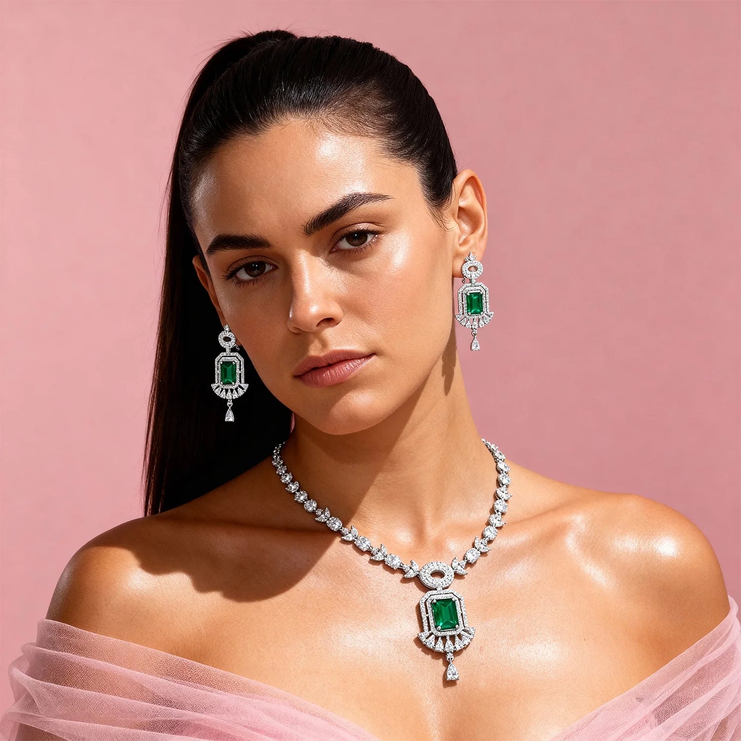 Shyneva Pink Classic Glow AD Necklace Set | Rhodium Plated Silver Jewellery