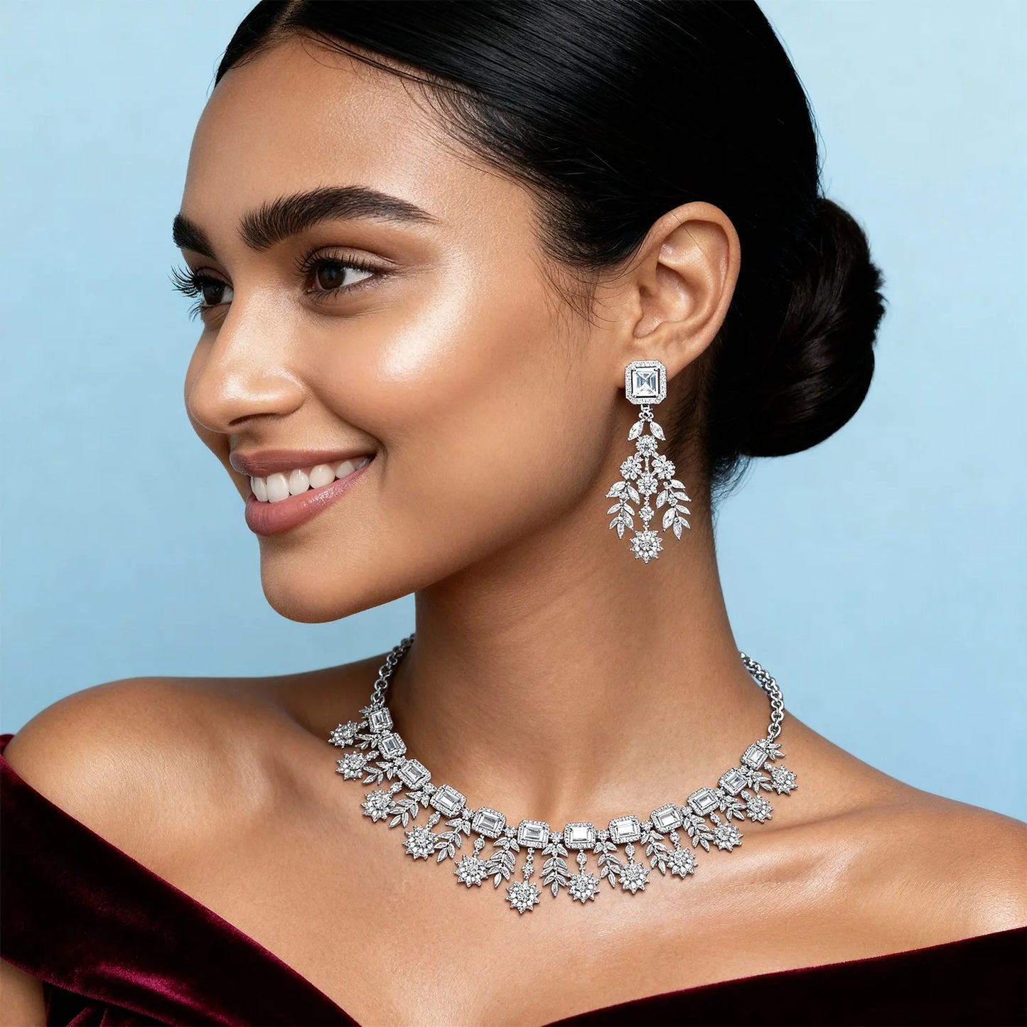 Shyneva Regal Charm AD Necklace Set | Rhodium Plated Silver Jewellery