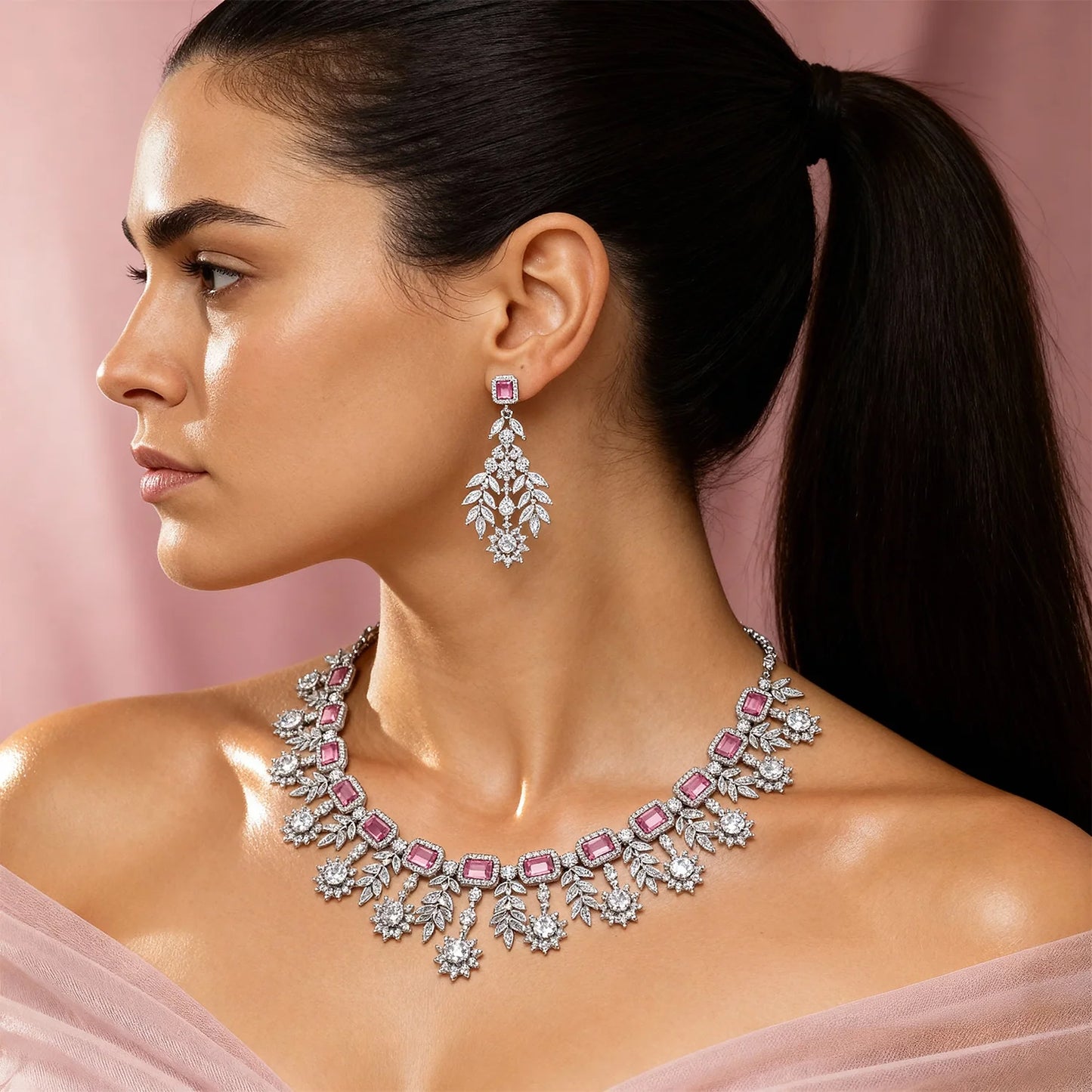 Shyneva Green Ethereal Glow AD Necklace Set | Rhodium Plated Silver Jewellery