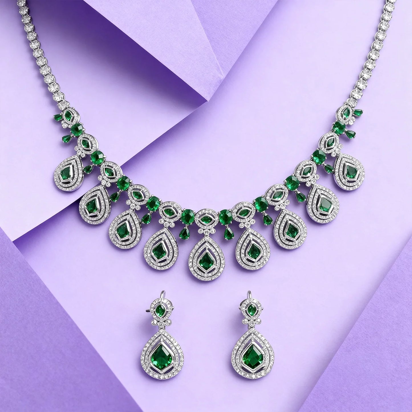 Shyneva Green Aura AD Necklace Set | Rhodium Plated Silver Jewellery