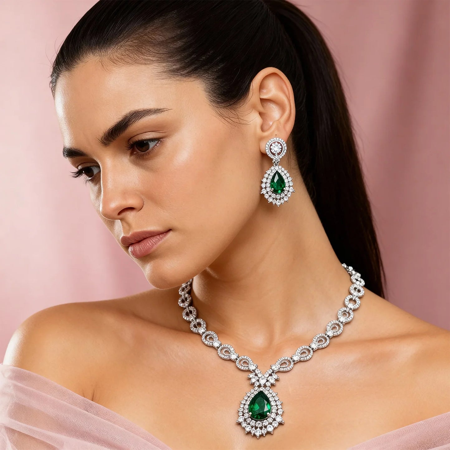 Shyneva Pink Charming Aura AD Necklace Set | Rhodium Plated Silver Jewellery