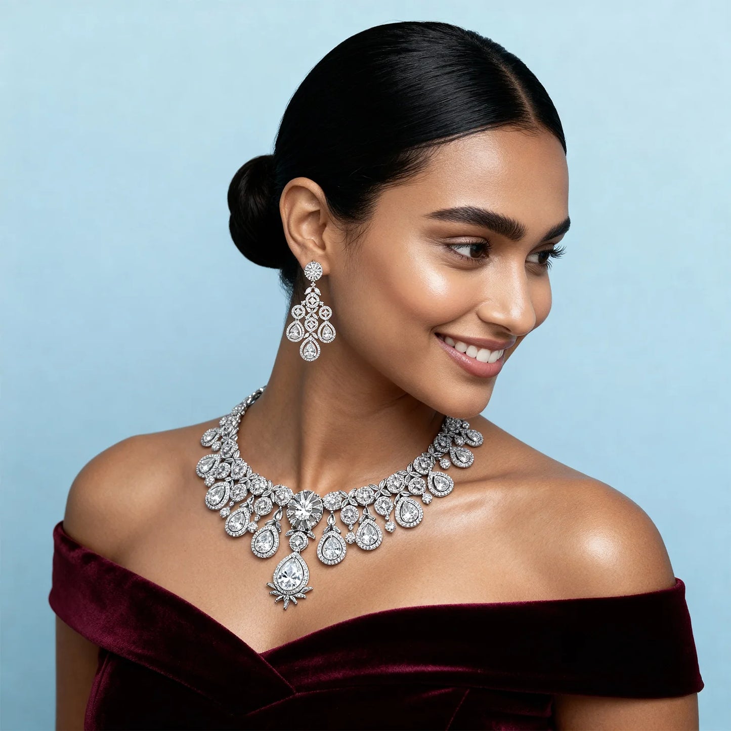 Shyneva Luxe Shine AD Necklace Set | Rhodium Plated Silver Jewellery