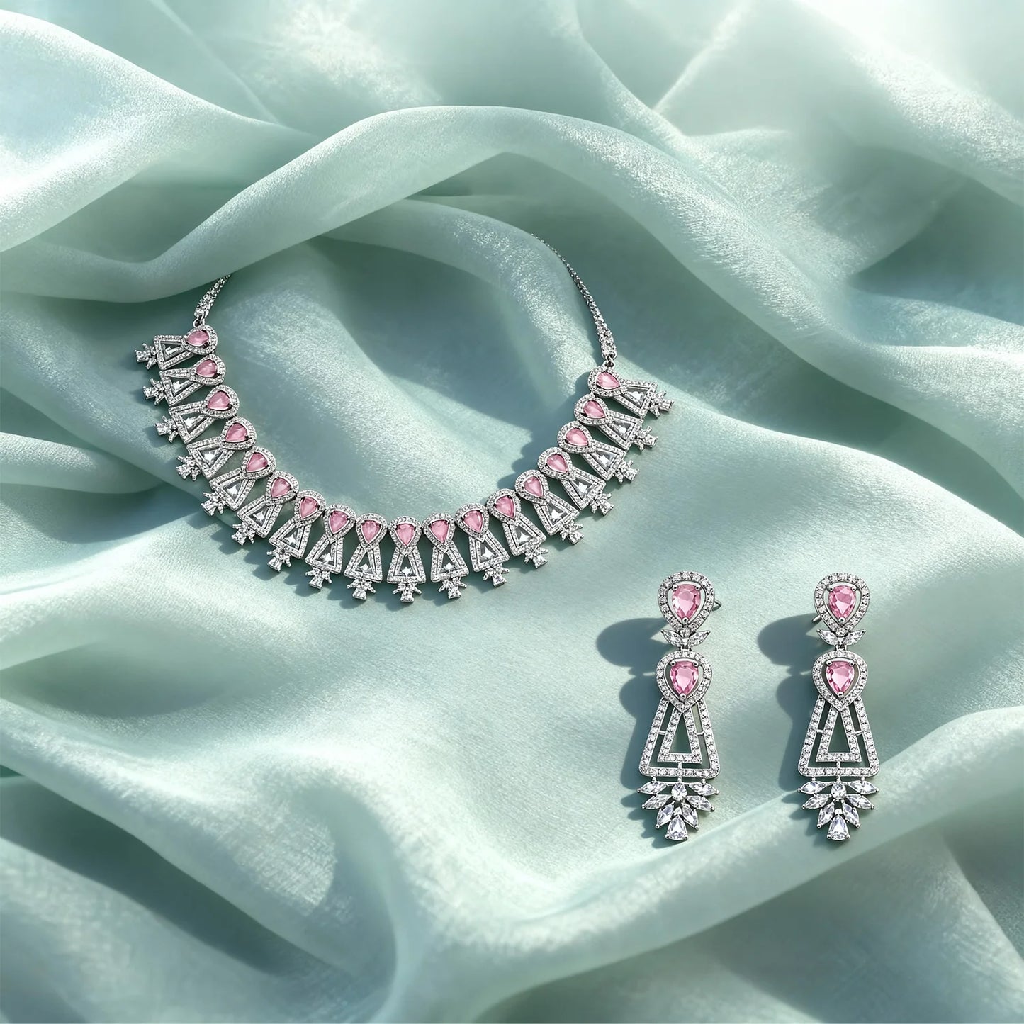 Shyneva Pink Opulent Shine AD Necklace Set | Rhodium Plated Silver Jewellery