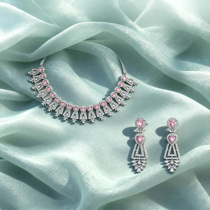 Shyneva Pink Opulent Shine AD Necklace Set | Rhodium Plated Silver Jewellery