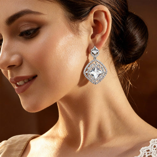 Rhodium Plated Silver Zirconia Tear drop Chic Earring