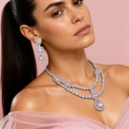 Shyneva Shimmering Beauty AD Necklace Set | Rhodium Plated Silver Jewellery