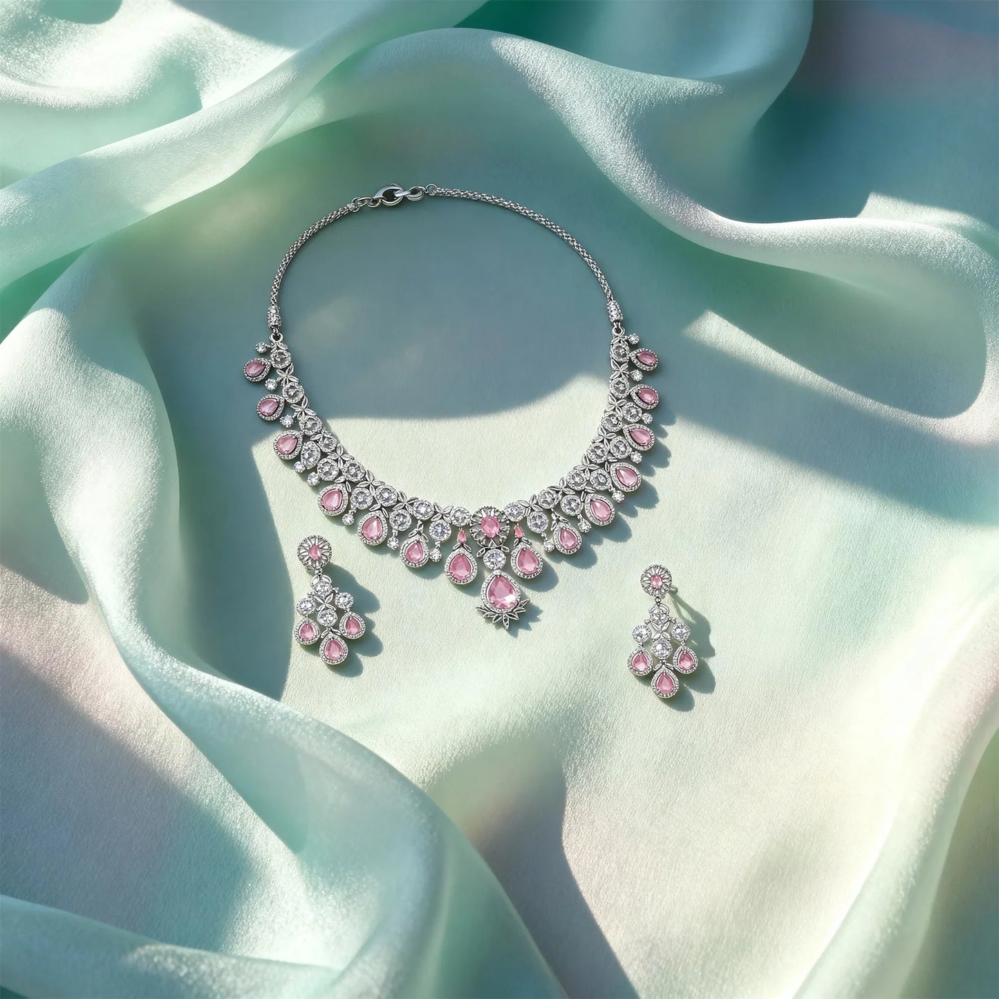 Shyneva Green Radiant Blossom AD Necklace Set | Rhodium Plated Silver Jewellery