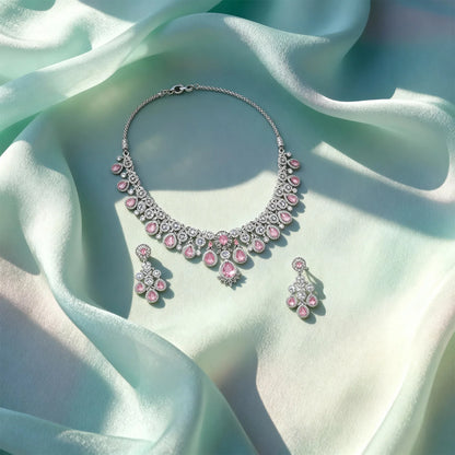 Shyneva Green Radiant Blossom AD Necklace Set | Rhodium Plated Silver Jewellery