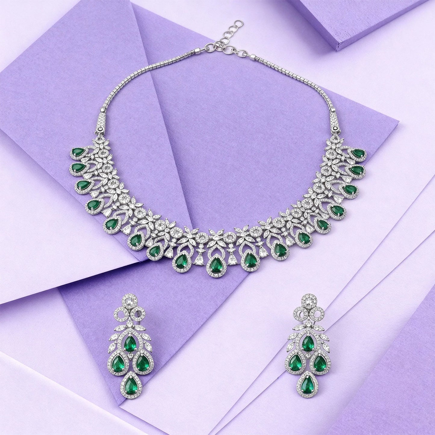 Shyneva Green Graceful Diva AD Necklace Set | Rhodium Plated Silver Jewellery