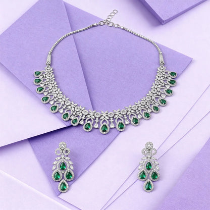 Shyneva Green Graceful Diva AD Necklace Set | Rhodium Plated Silver Jewellery