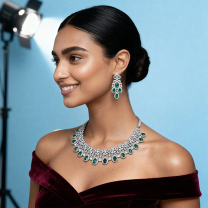 Shyneva Green Graceful Diva AD Necklace Set | Rhodium Plated Silver Jewellery