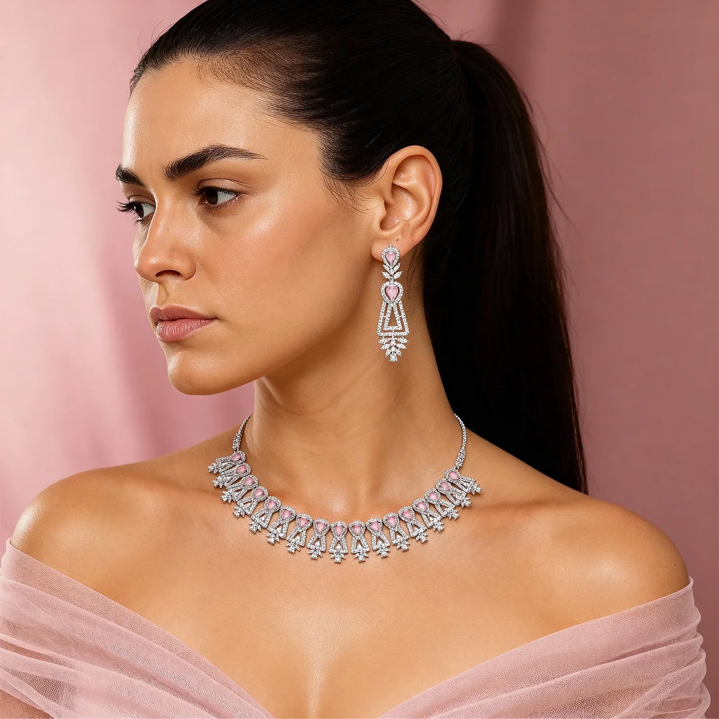 Shyneva Pink Opulent Shine AD Necklace Set | Rhodium Plated Silver Jewellery