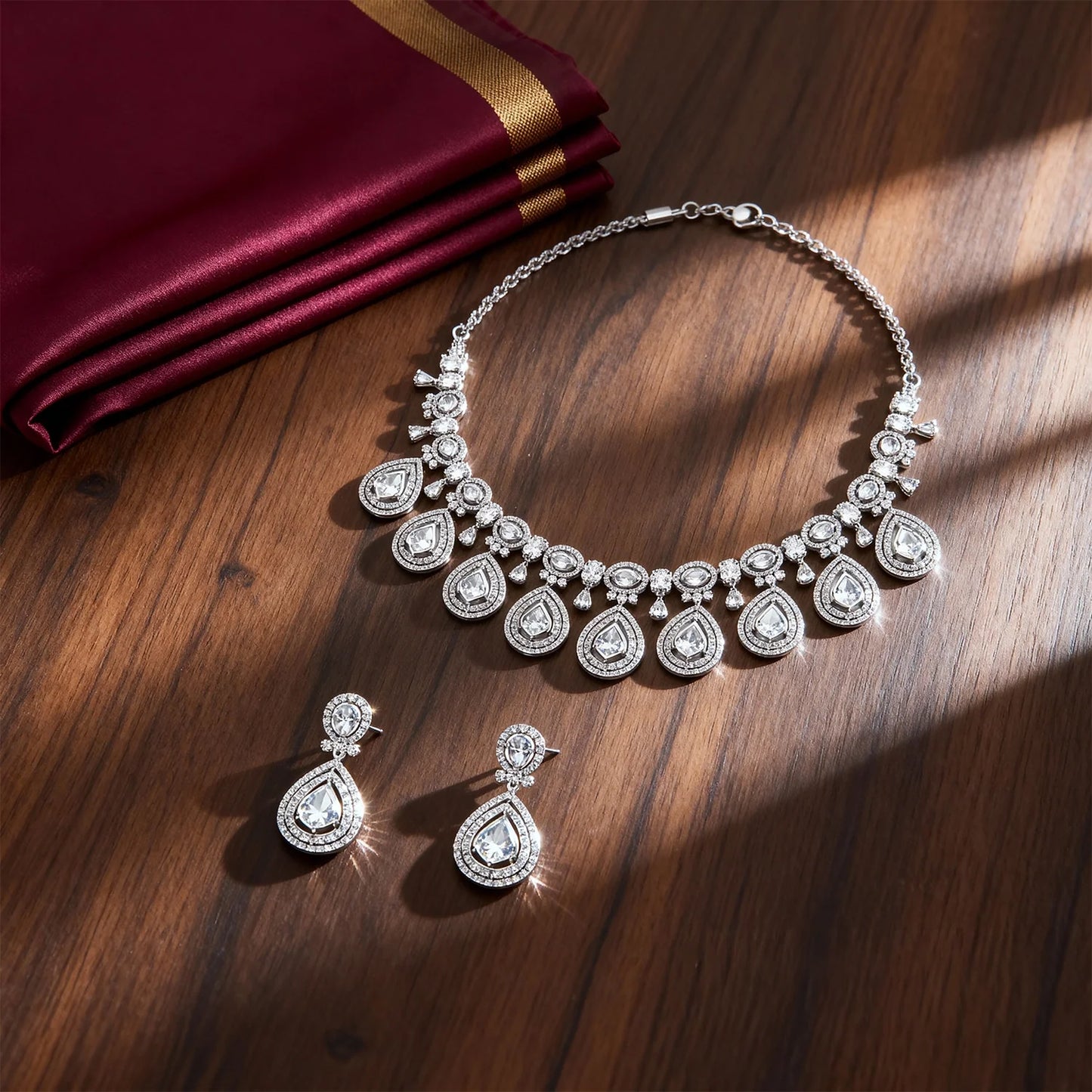 Shyneva Chic Glam AD Necklace Set | Rhodium Plated Silver Jewellery