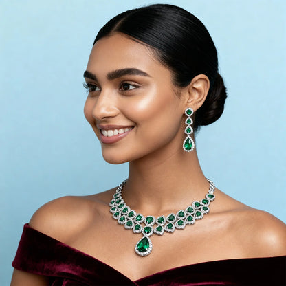 Shyneva Green Celestial Glow AD Necklace Set | Rhodium Plated Silver Jewellery