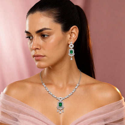 Shyneva Pink Classic Glow AD Necklace Set | Rhodium Plated Silver Jewellery