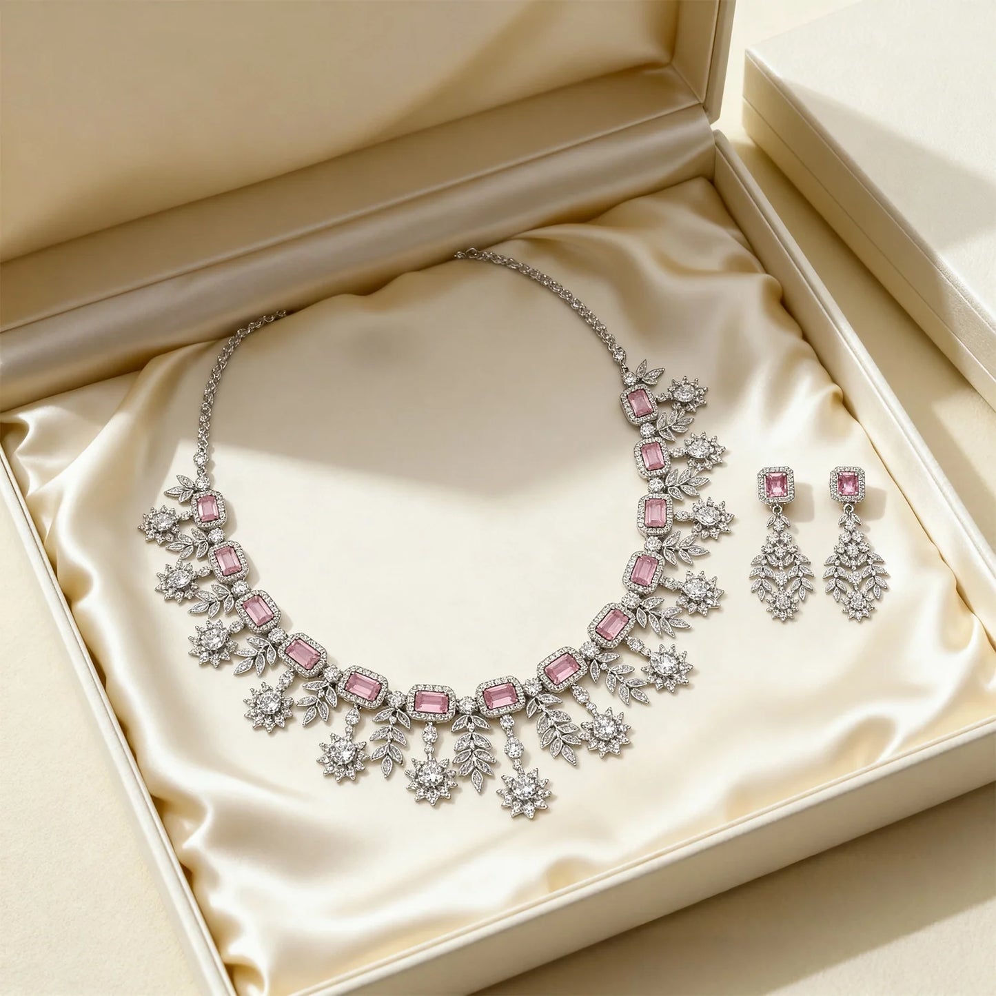 Shyneva Green Ethereal Glow AD Necklace Set | Rhodium Plated Silver Jewellery