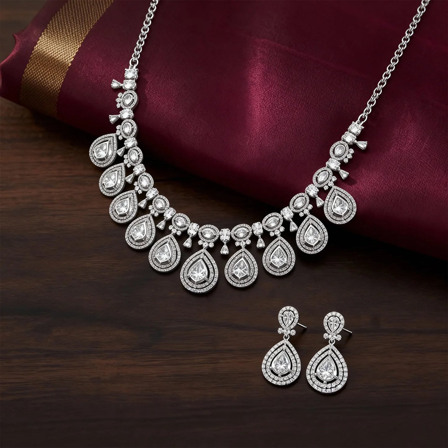 Shyneva Chic Glam AD Necklace Set | Rhodium Plated Silver Jewellery