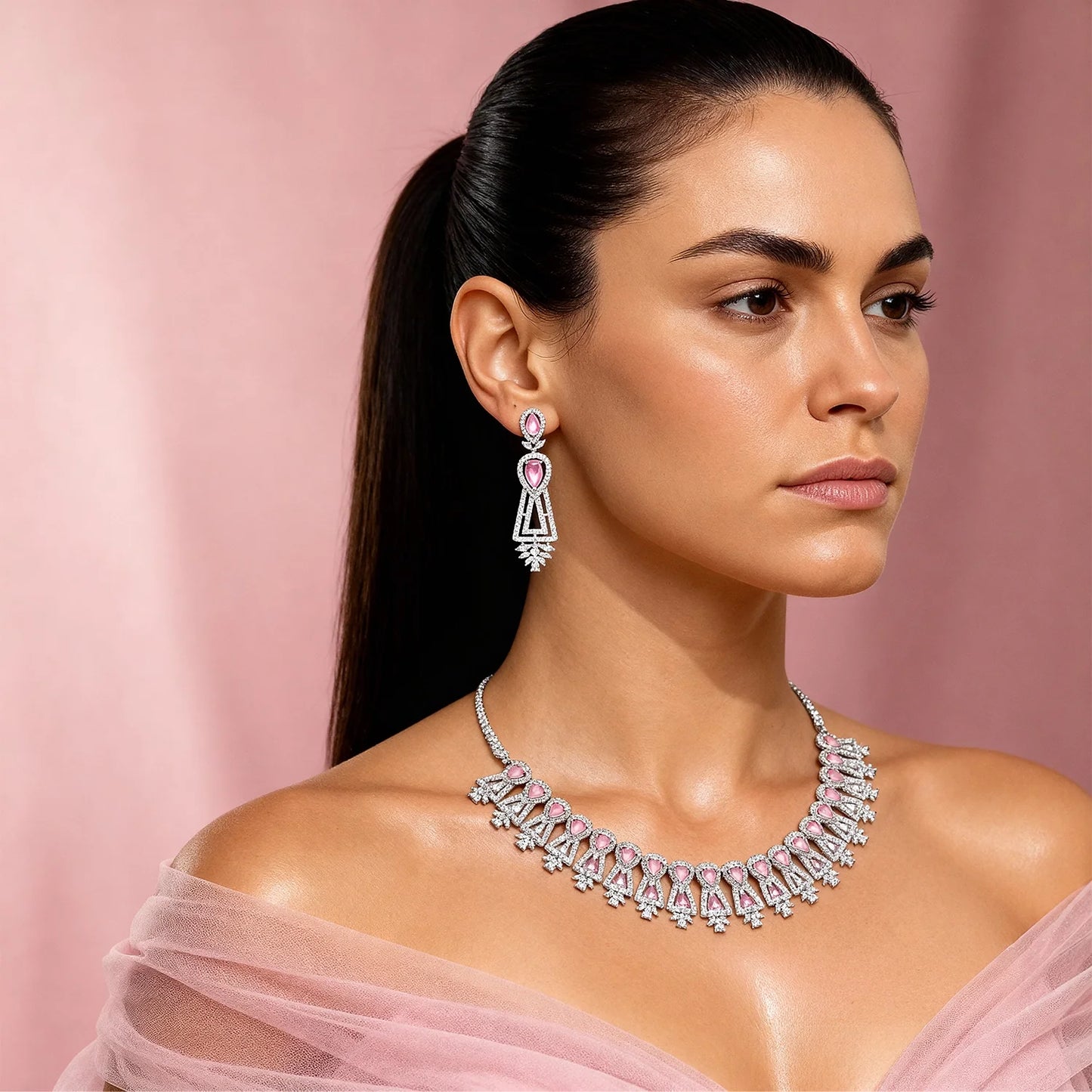 Shyneva Pink Opulent Shine AD Necklace Set | Rhodium Plated Silver Jewellery