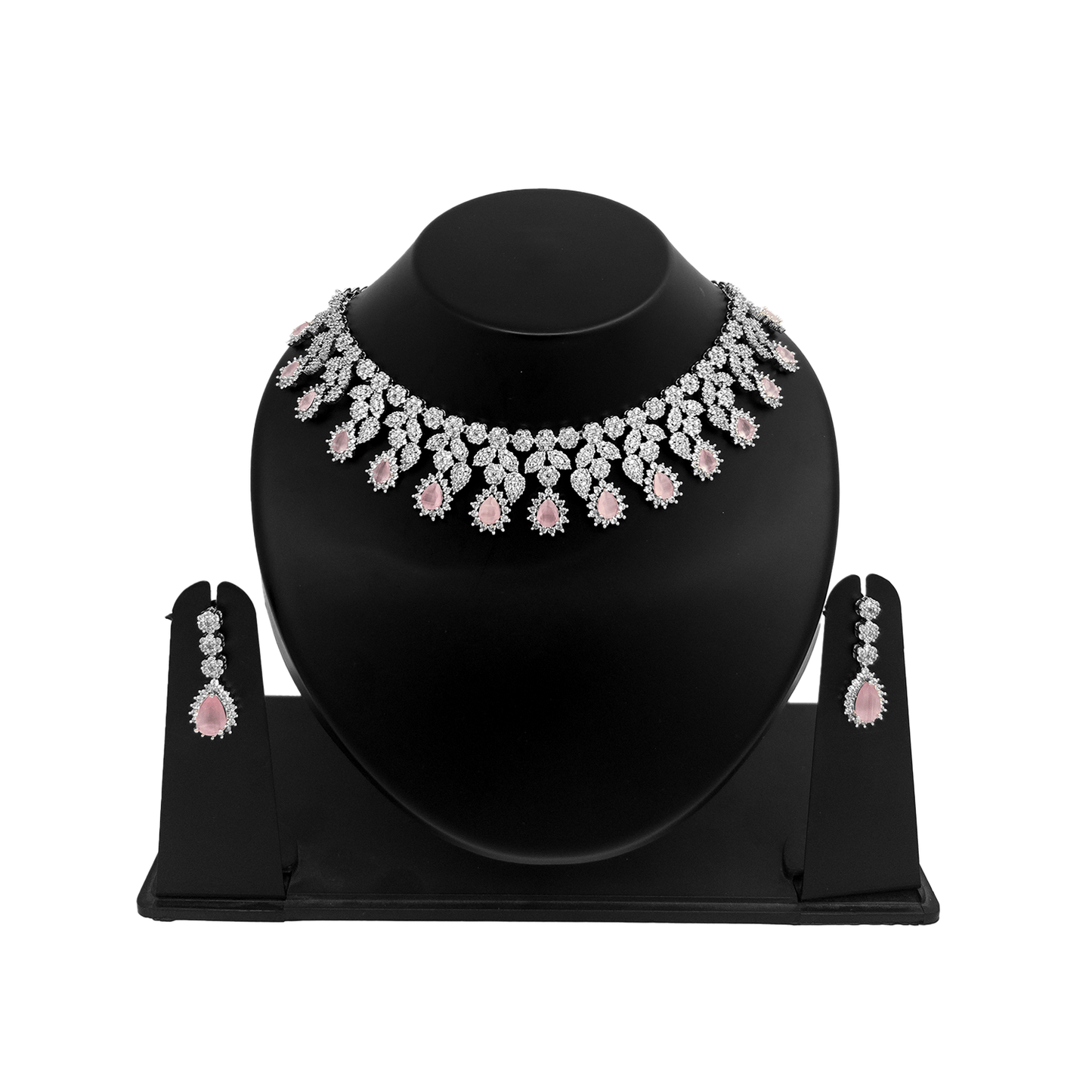 Shyneva Blue Ornate Glamour AD Necklace Set | Rhodium Plated Silver Jewellery