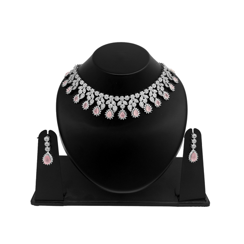 Shyneva Blue Ornate Glamour AD Necklace Set | Rhodium Plated Silver Jewellery