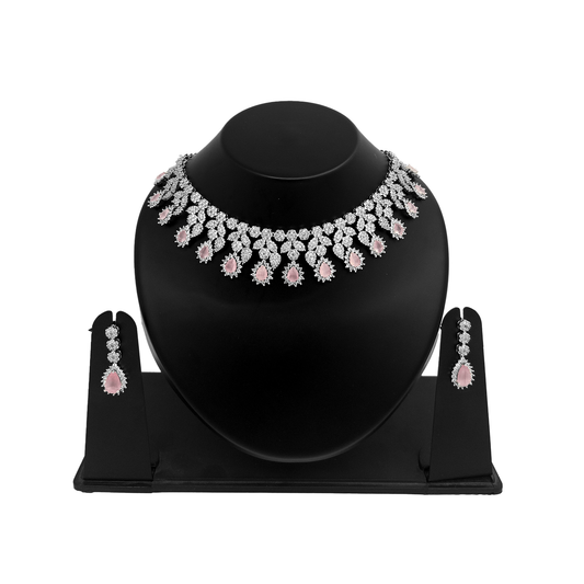 Shyneva Blue Ornate Glamour AD Necklace Set | Rhodium Plated Silver Jewellery