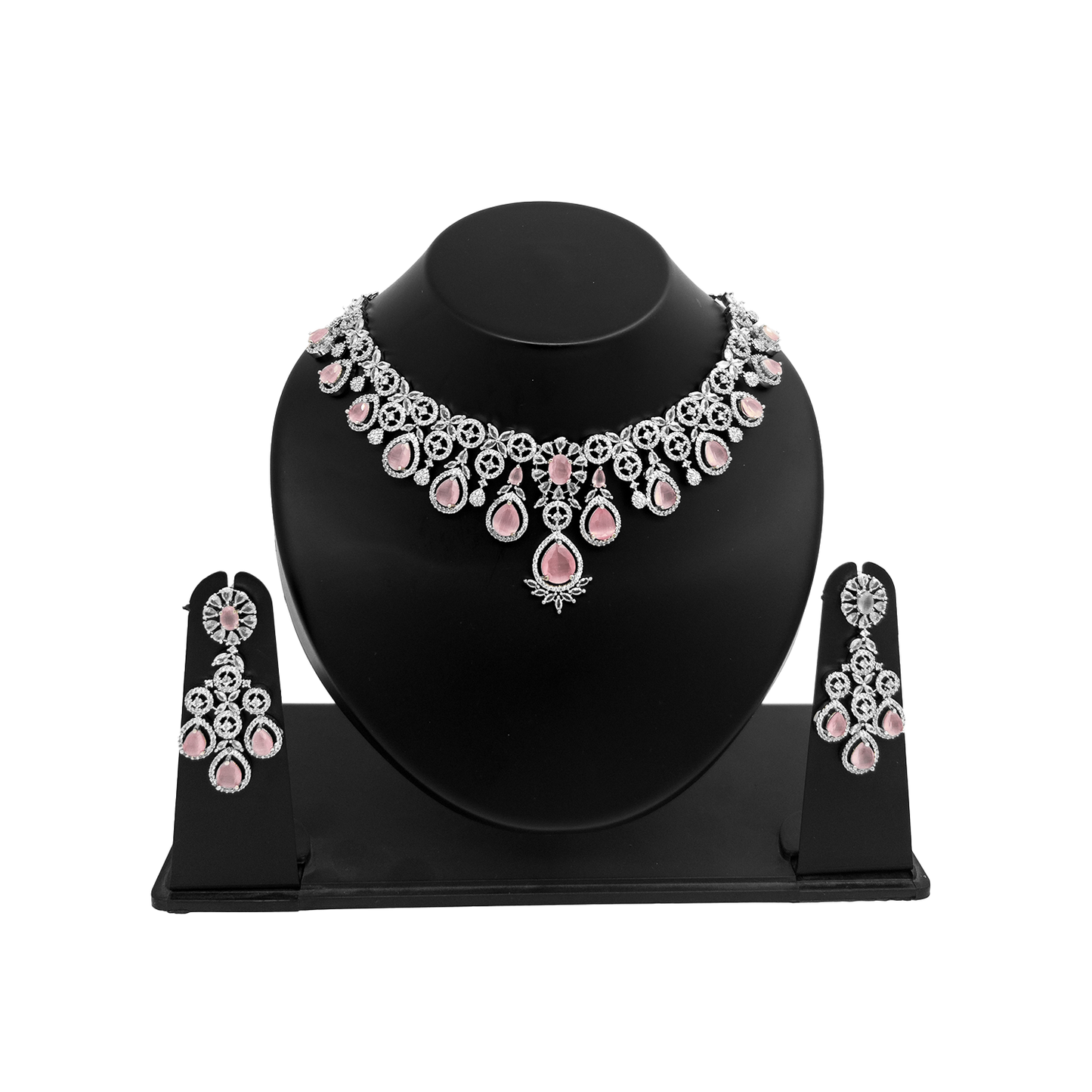 Shyneva Green Radiant Blossom AD Necklace Set | Rhodium Plated Silver Jewellery